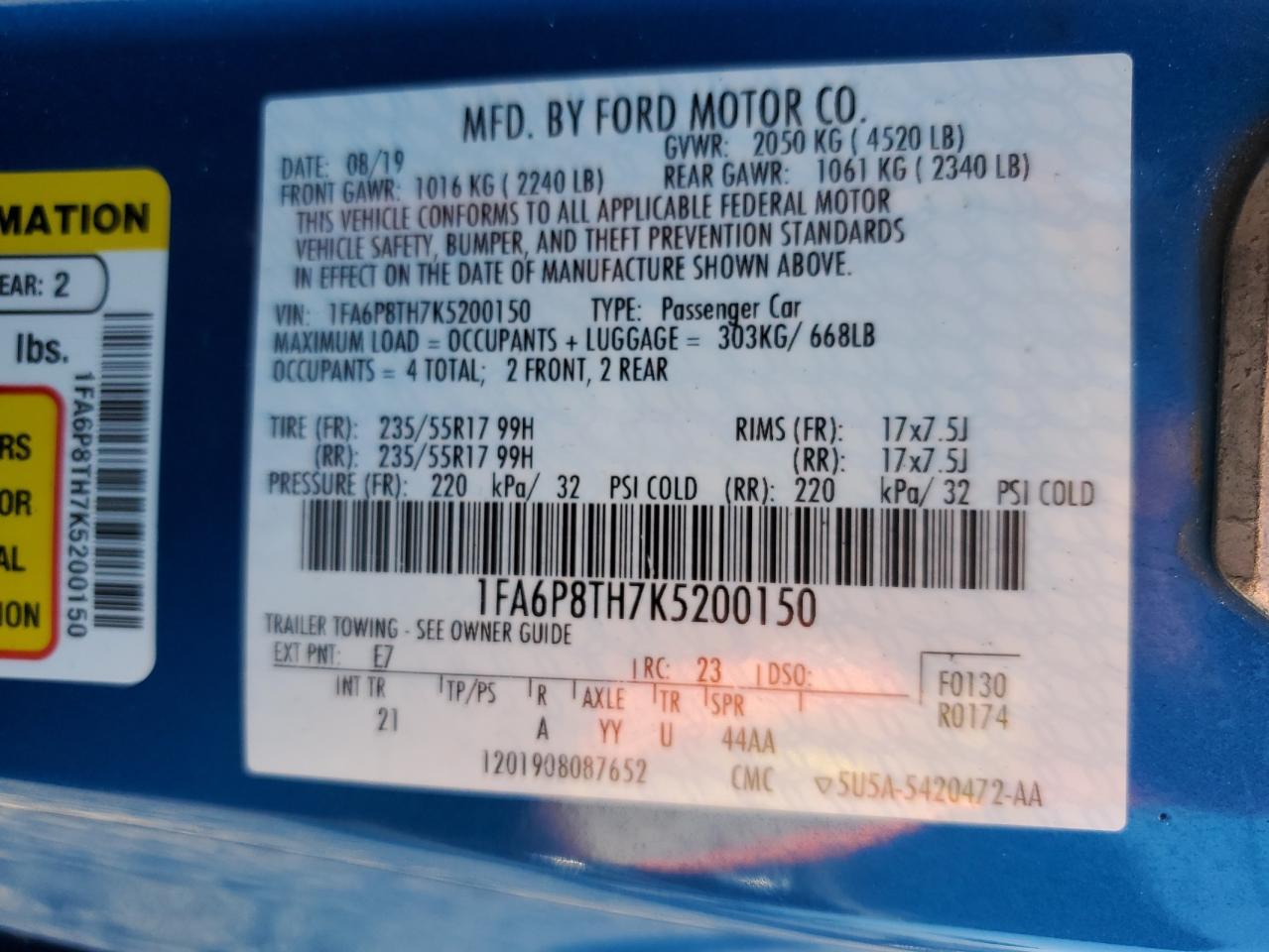 2019 Ford Mustang VIN: 1FA6P8TH7K5200150 Lot: 71195375