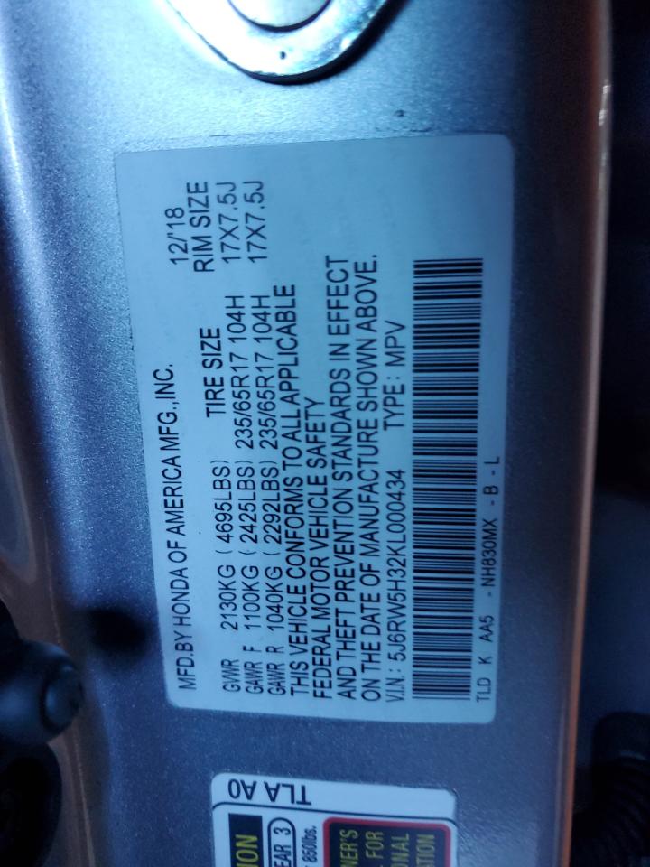 2019 Honda Cr-V Lx VIN: 5J6RW5H32KL000434 Lot: 69639725