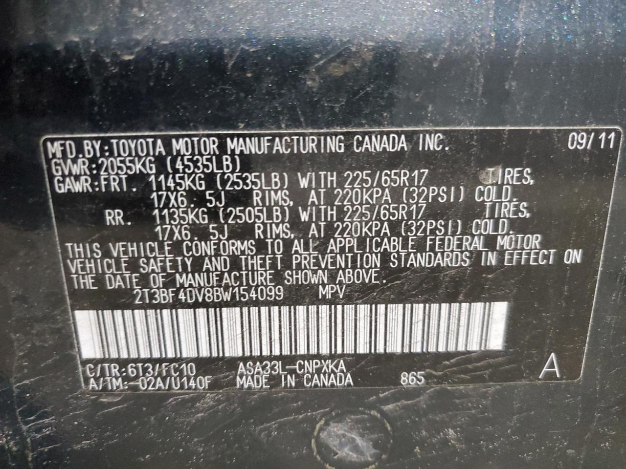 2011 Toyota Rav4 VIN: 2T3BF4DV8BW154099 Lot: 67777205