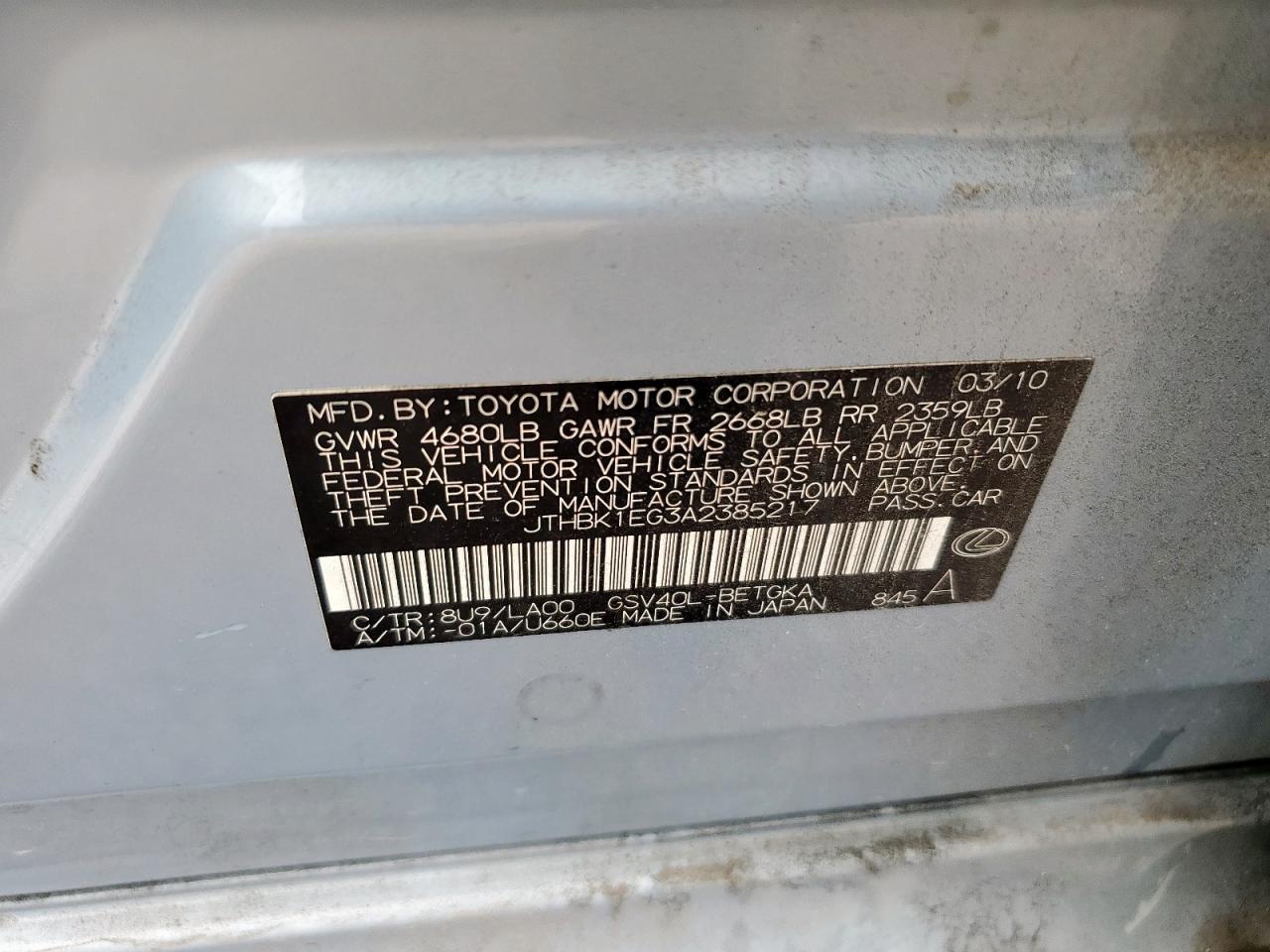 2010 Lexus Es 350 VIN: JTHBK1EG3A2385217 Lot: 69625275