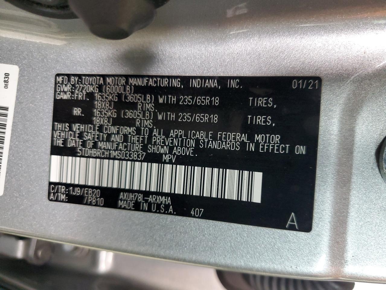 2021 Toyota Highlander Hybrid Xle VIN: 5TDHBRCH1MS033837 Lot: 63903025