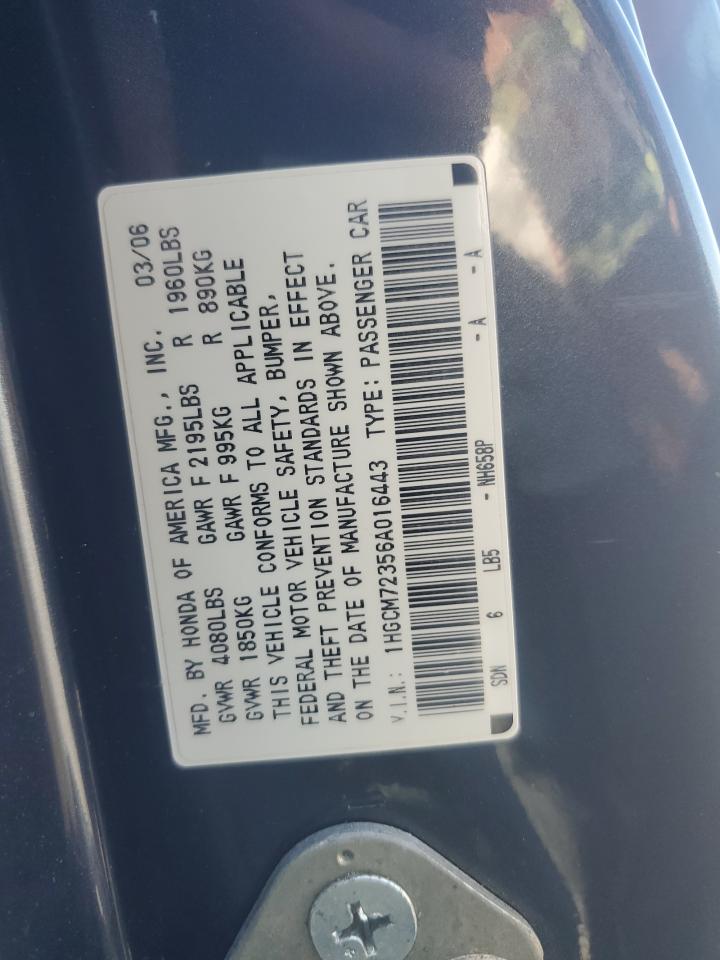 2006 Honda Accord Lx VIN: 1HGCM72356A016443 Lot: 66566105
