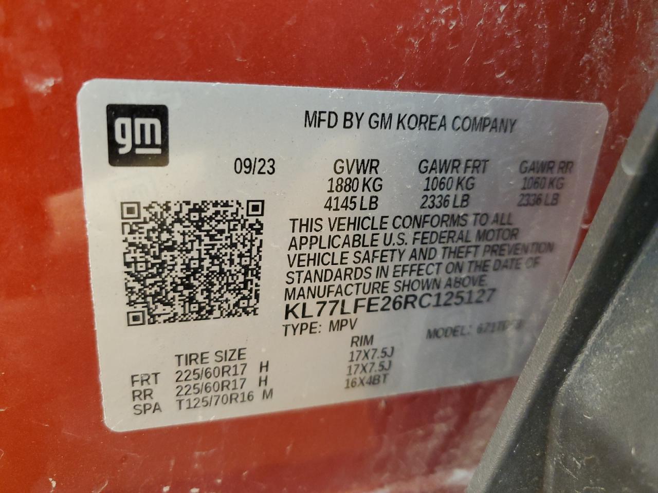 2024 Chevrolet Trax Ls VIN: KL77LFE26RC125127 Lot: 70203495