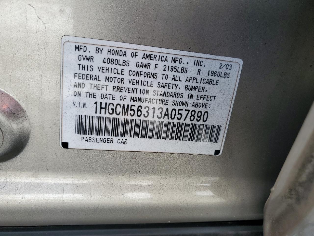 2003 Honda Accord Lx VIN: 1HGCM56313A057890 Lot: 68361765