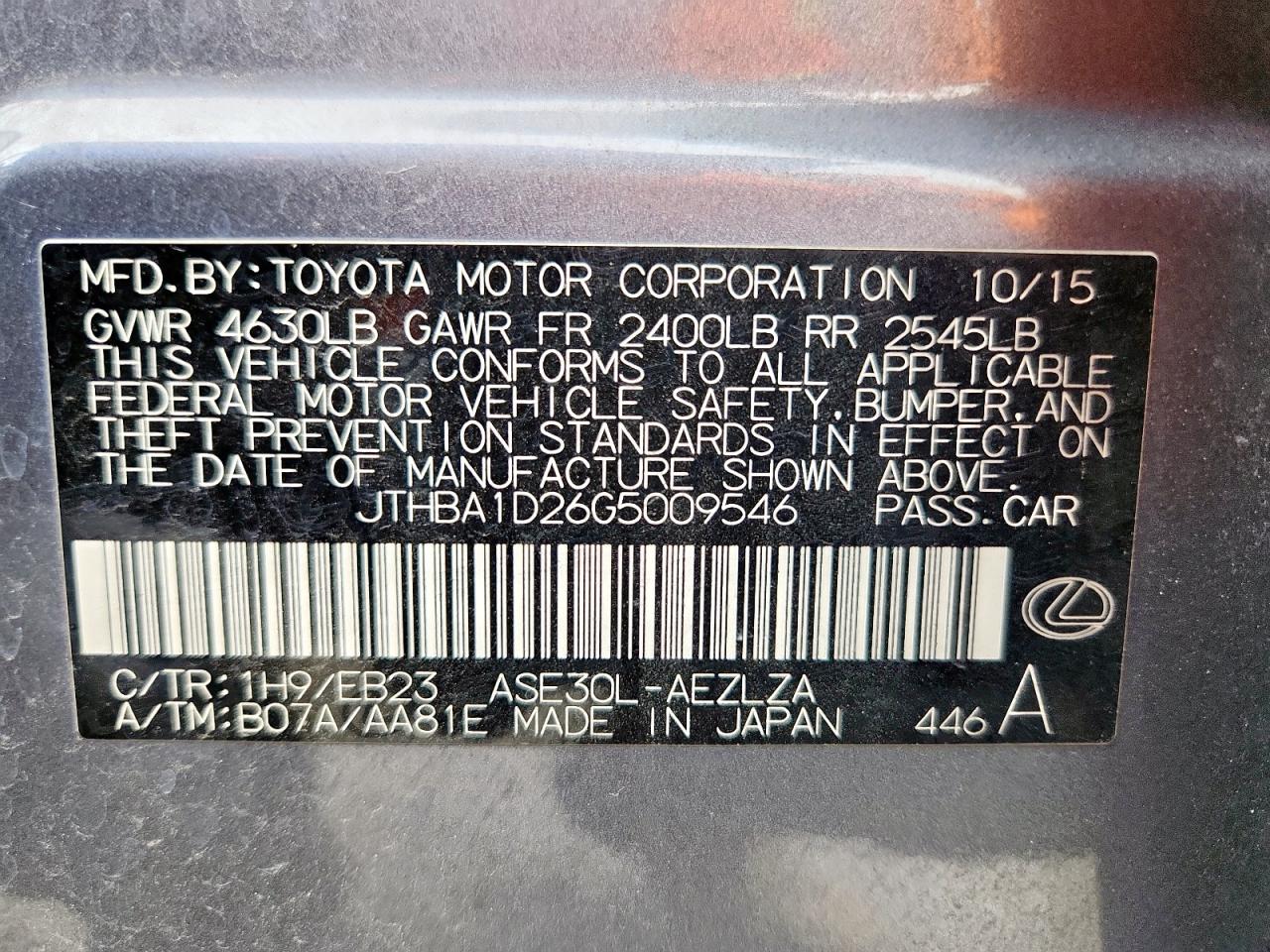 2016 Lexus Is 200T VIN: JTHBA1D26G5009546 Lot: 71123095