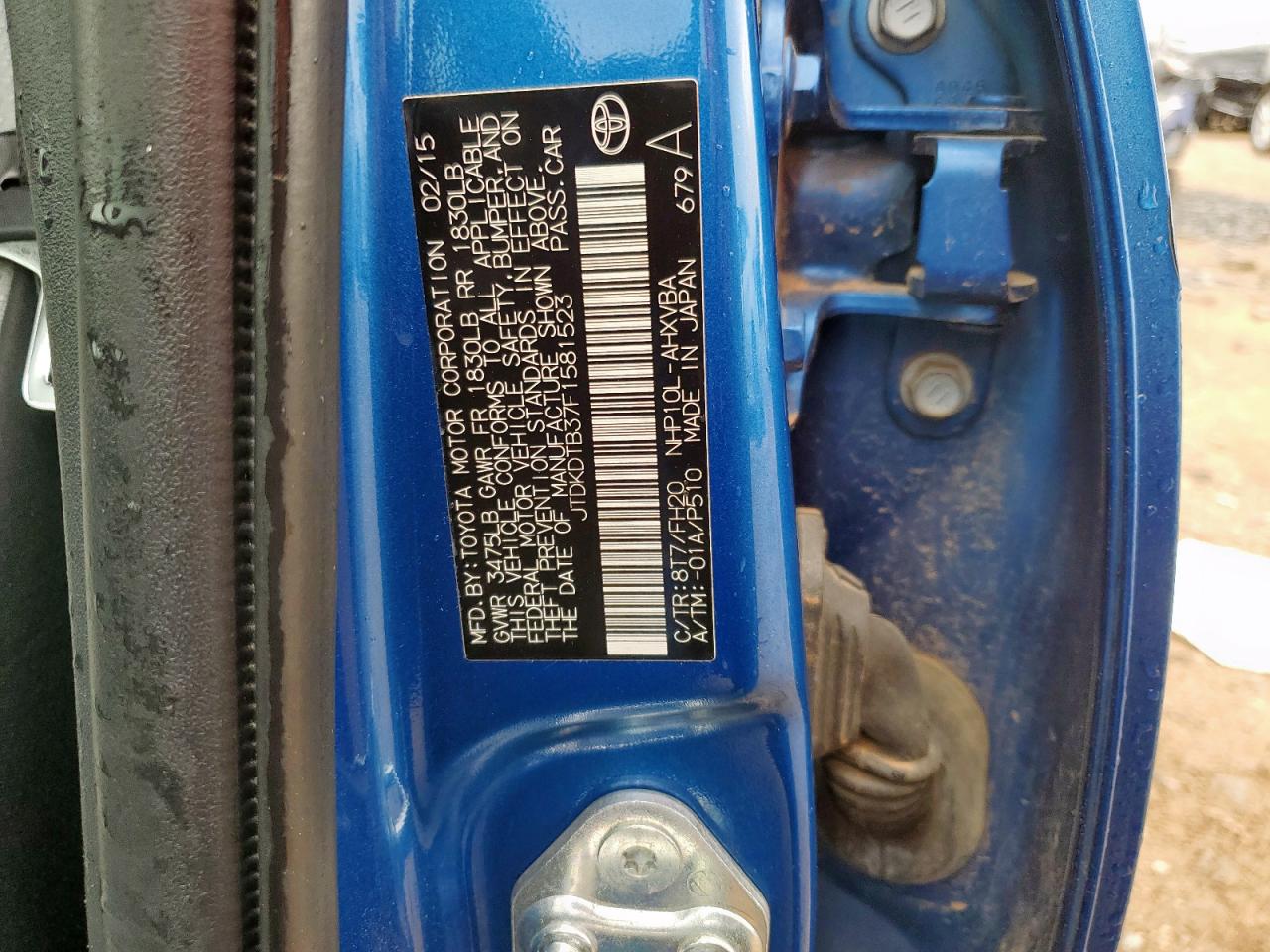 2015 Toyota Prius C VIN: JTDKDTB37F1581523 Lot: 70154105