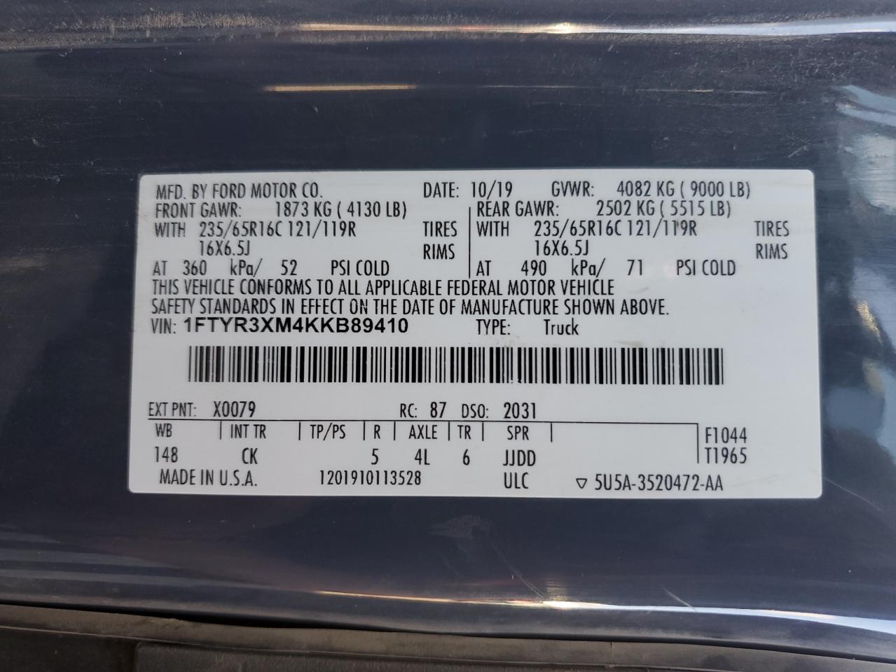 2019 Ford Transit T-250 VIN: 1FTYR3XM4KKB89410 Lot: 69644675