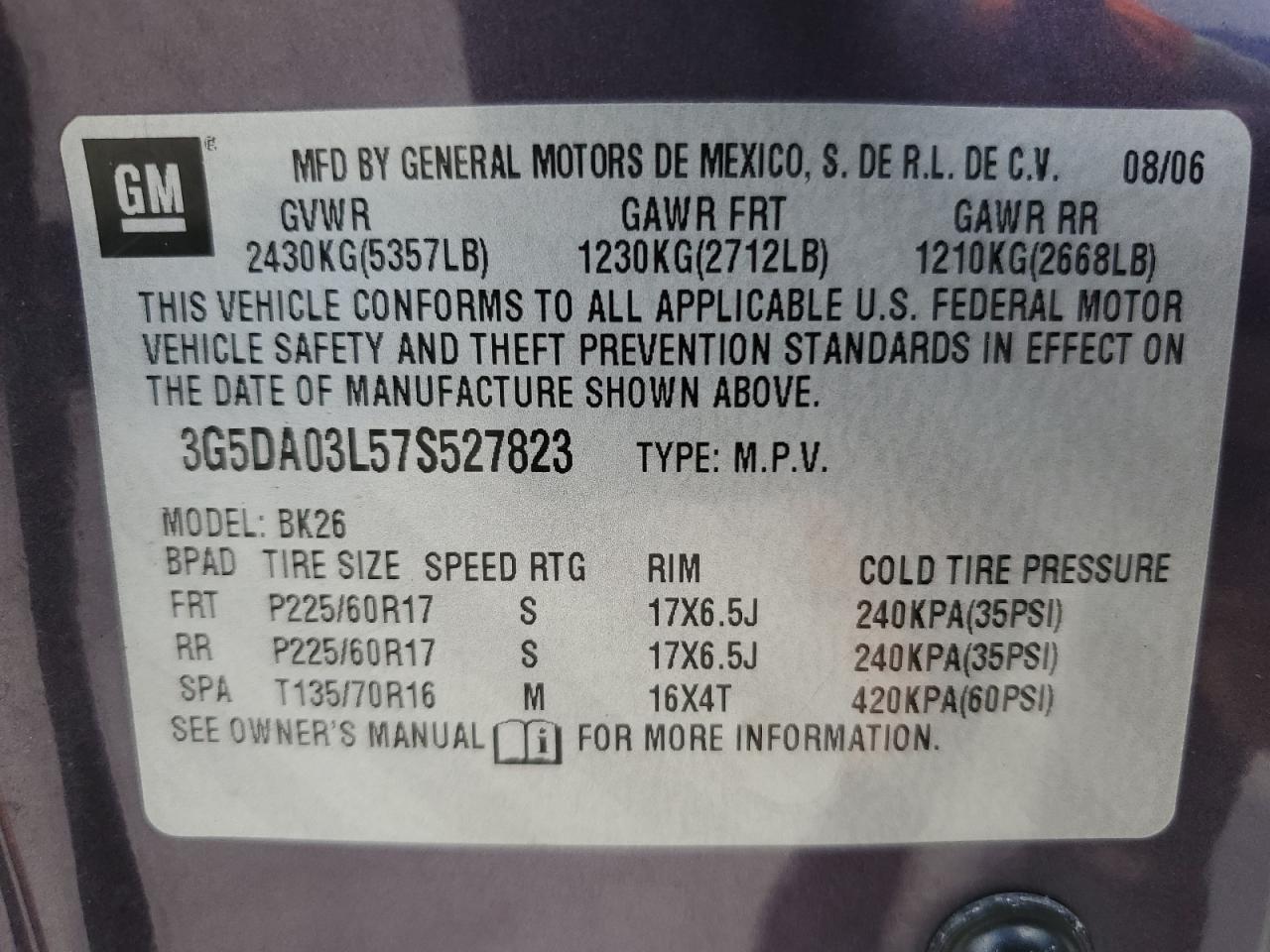 2007 Buick Rendezvous Cx VIN: 3G5DA03L57S527823 Lot: 69625395