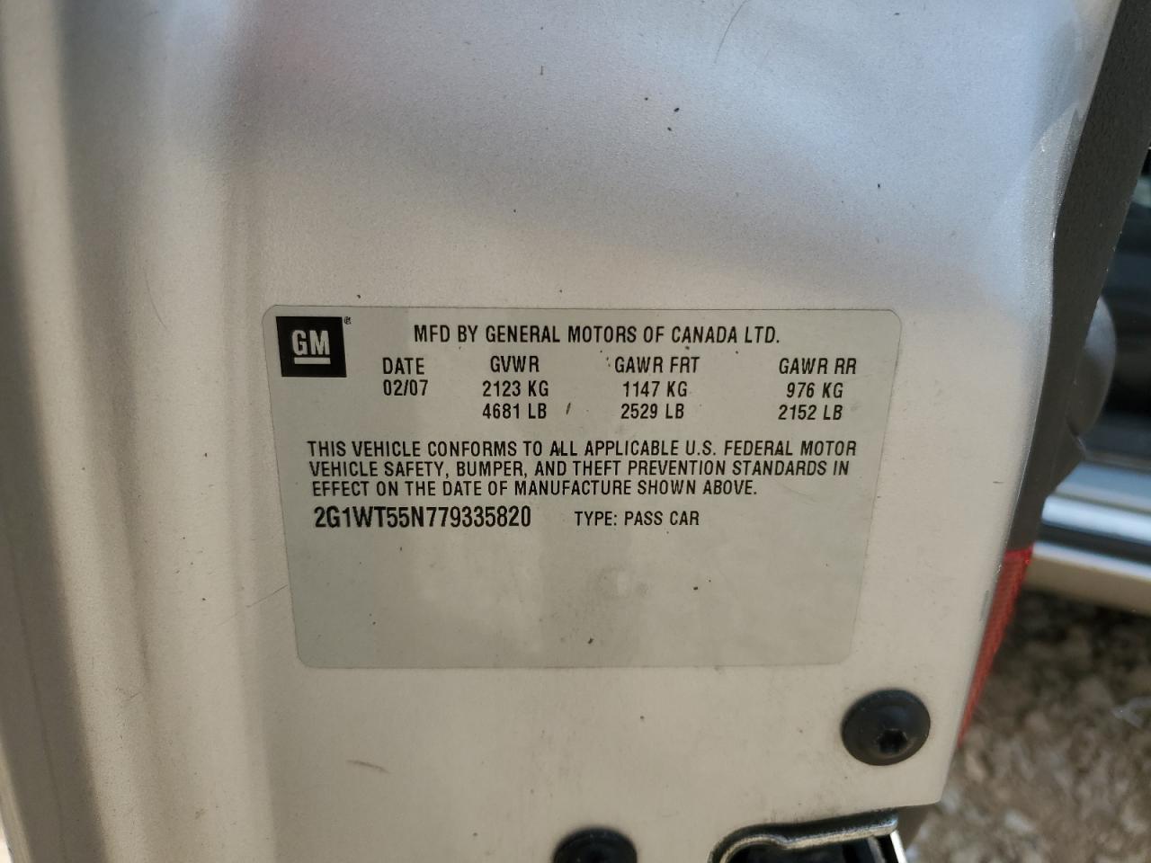 2007 Chevrolet Impala Lt VIN: 2G1WT55N779335820 Lot: 66834275