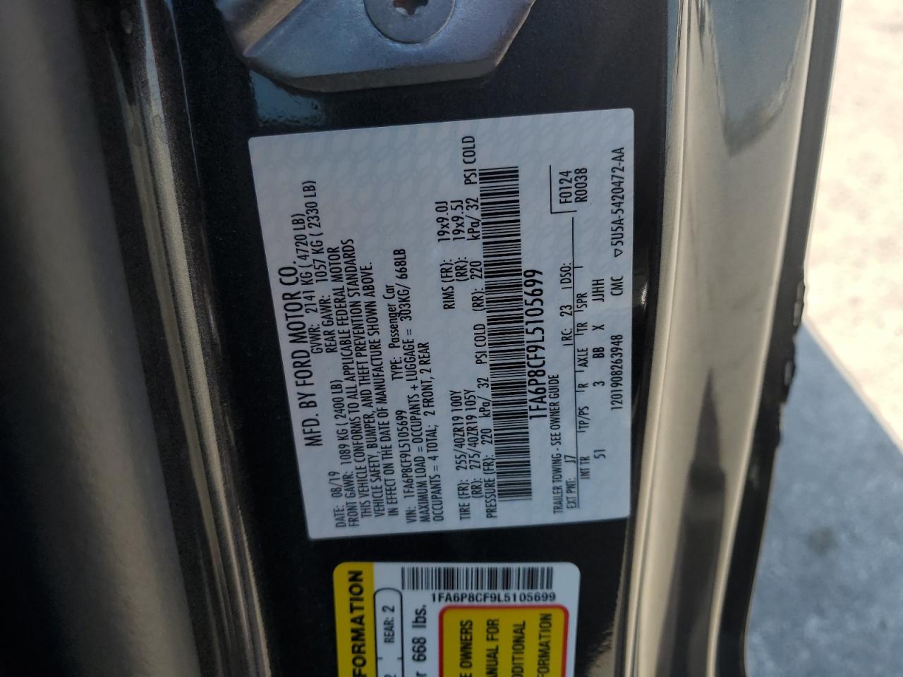 2020 Ford Mustang Gt VIN: 1FA6P8CF9L5105699 Lot: 68776465