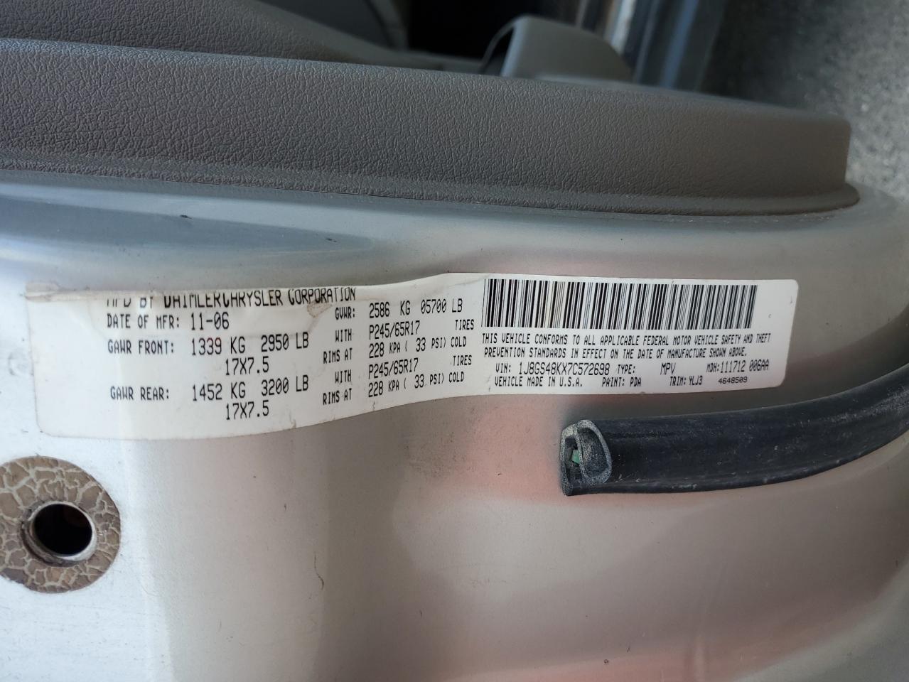 1J8GS48KX7C572698 2007 Jeep Grand Cherokee Laredo