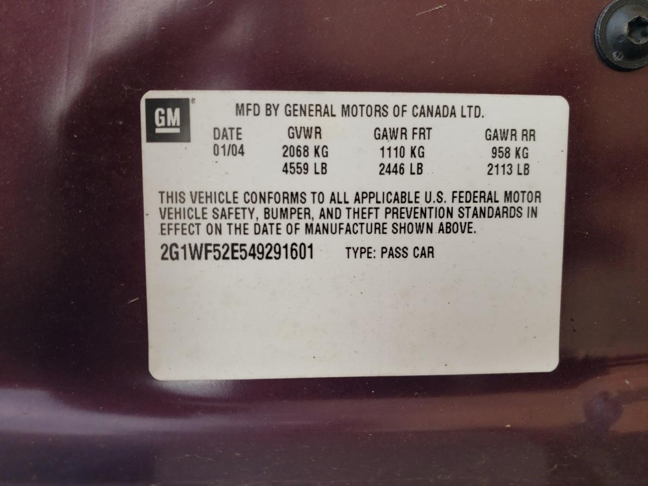 2004 Chevrolet Impala VIN: 2G1WF52E549291601 Lot: 68750795