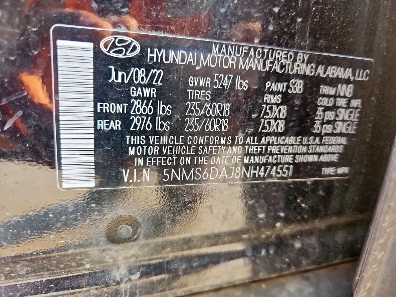 2022 Hyundai Santa Fe Sel VIN: 5NMS6DAJ8NH474551 Lot: 69476765