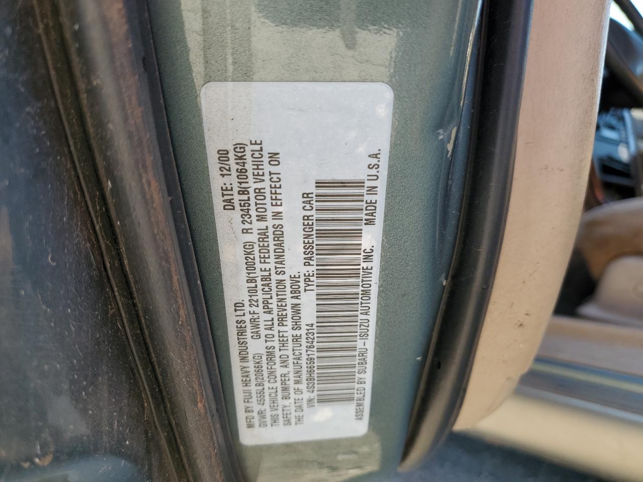 2001 Subaru Legacy Outback VIN: 4S3BH665917642314 Lot: 69240605