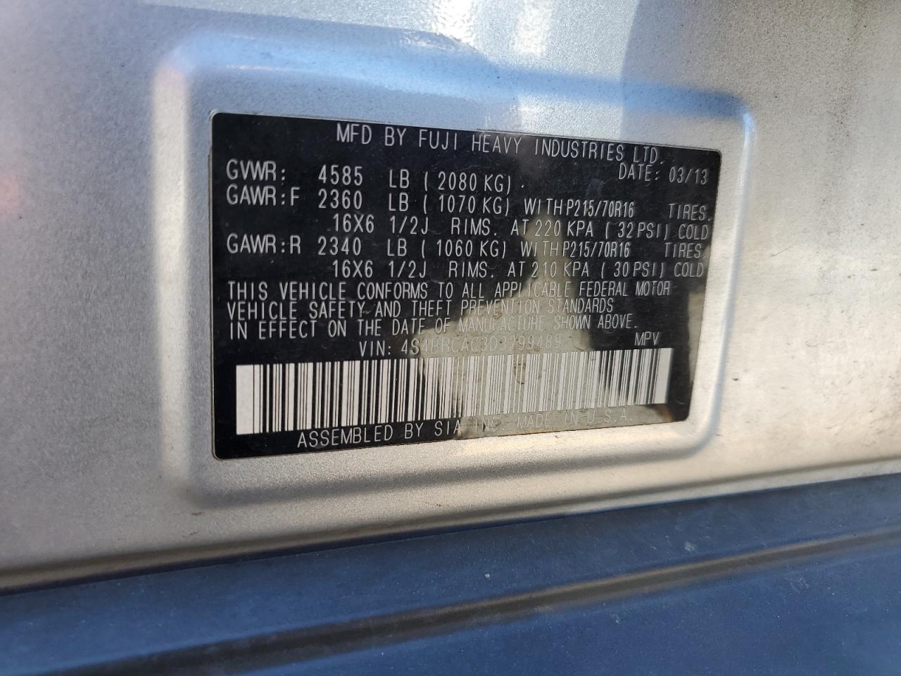 2013 Subaru Outback 2.5I VIN: 4S4BRCAC3D3299489 Lot: 69150615