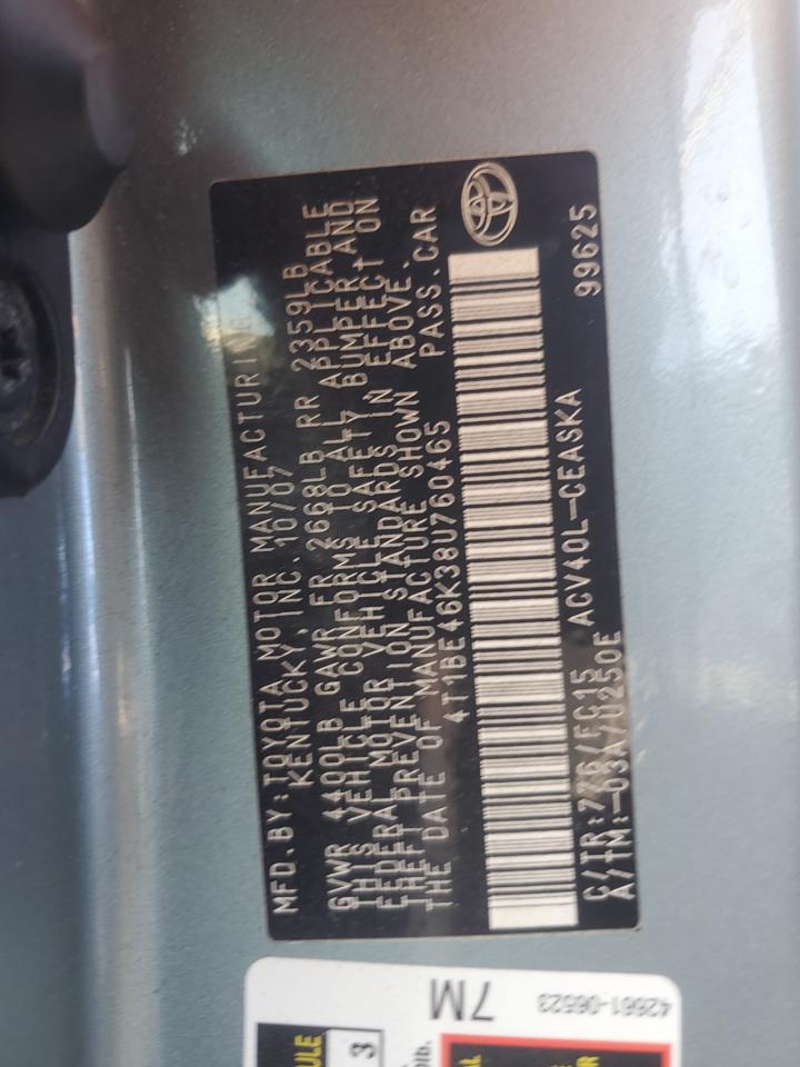 2008 Toyota Camry Ce VIN: 4T1BE46K38U760465 Lot: 70319035