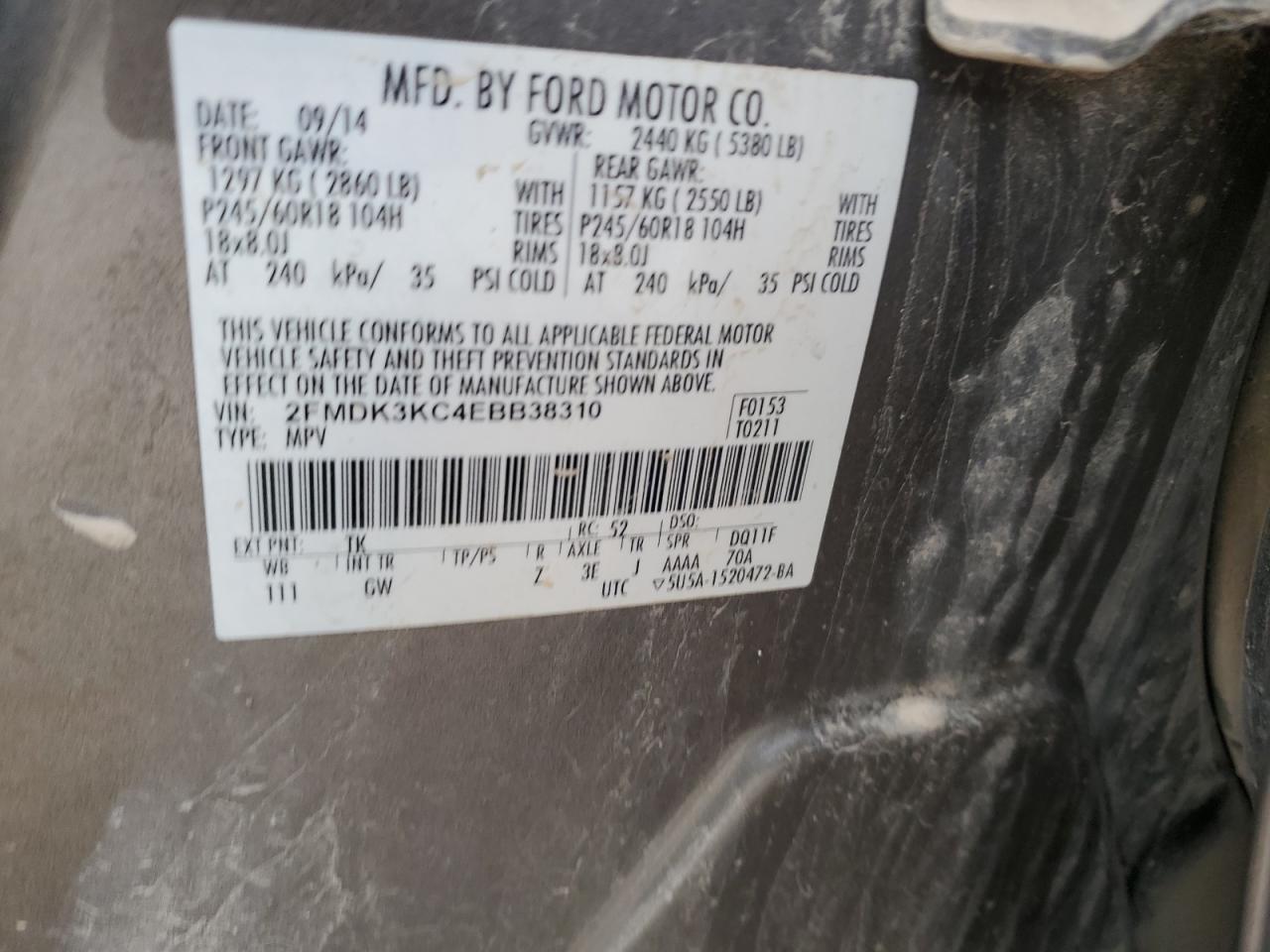 2014 Ford Edge Limited VIN: 2FMDK3KC4EBB38310 Lot: 66728245