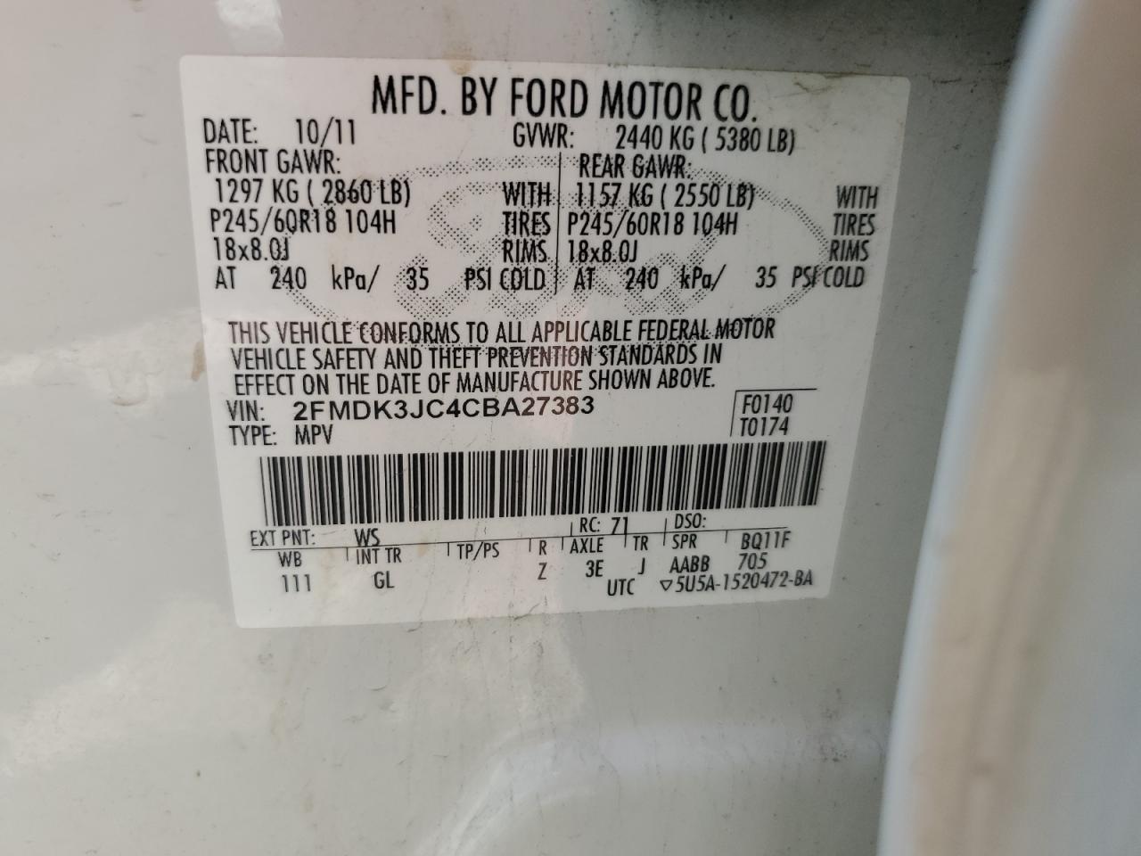 2012 Ford Edge Sel VIN: 2FMDK3JC4CBA27383 Lot: 69755565