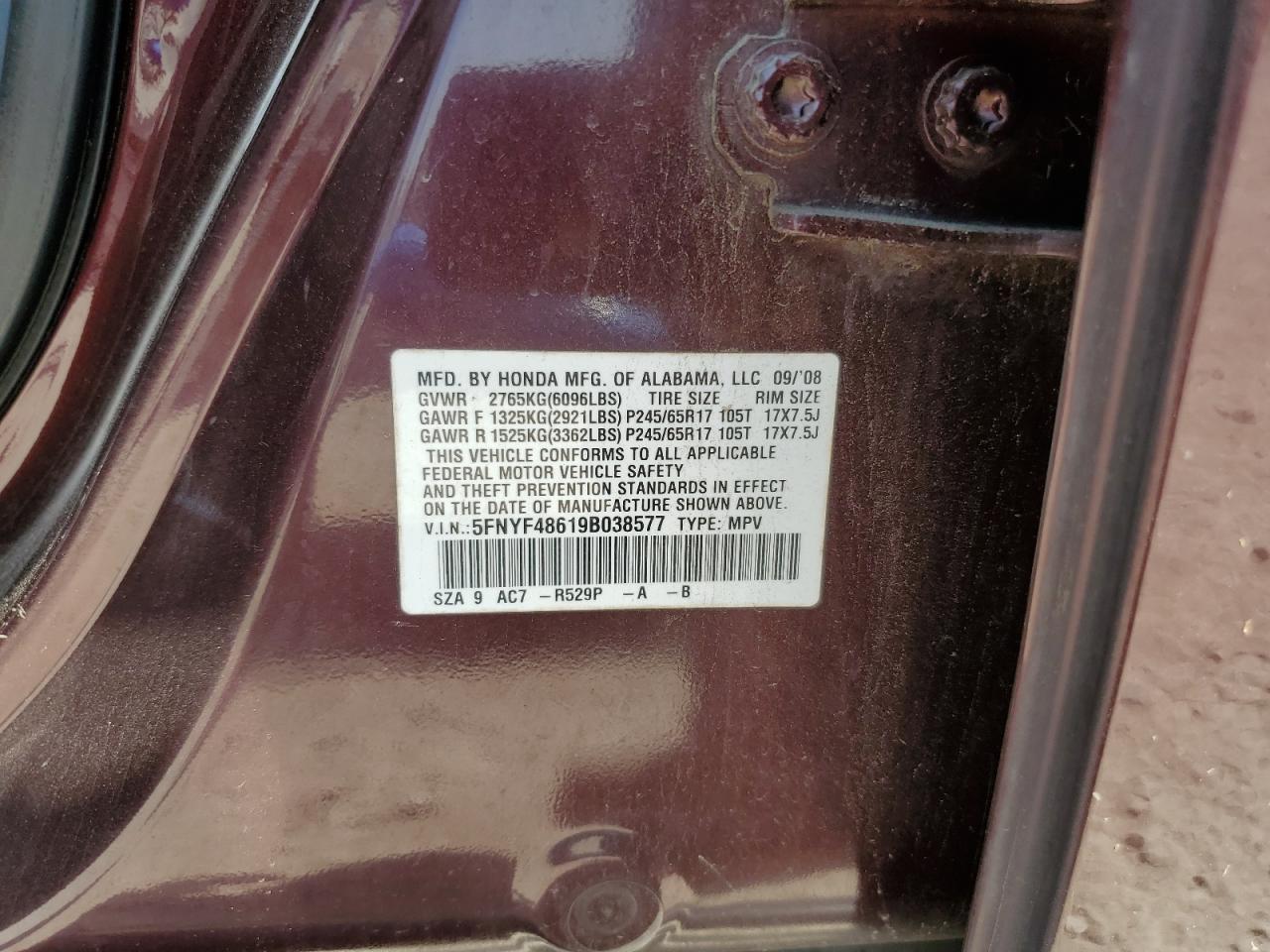 2009 Honda Pilot Exl VIN: 5FNYF48619B038577 Lot: 68780985