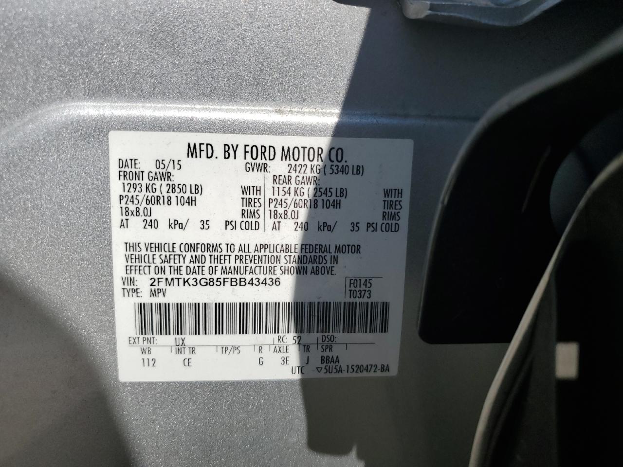 2015 Ford Edge Se VIN: 2FMTK3G85FBB43436 Lot: 91484695