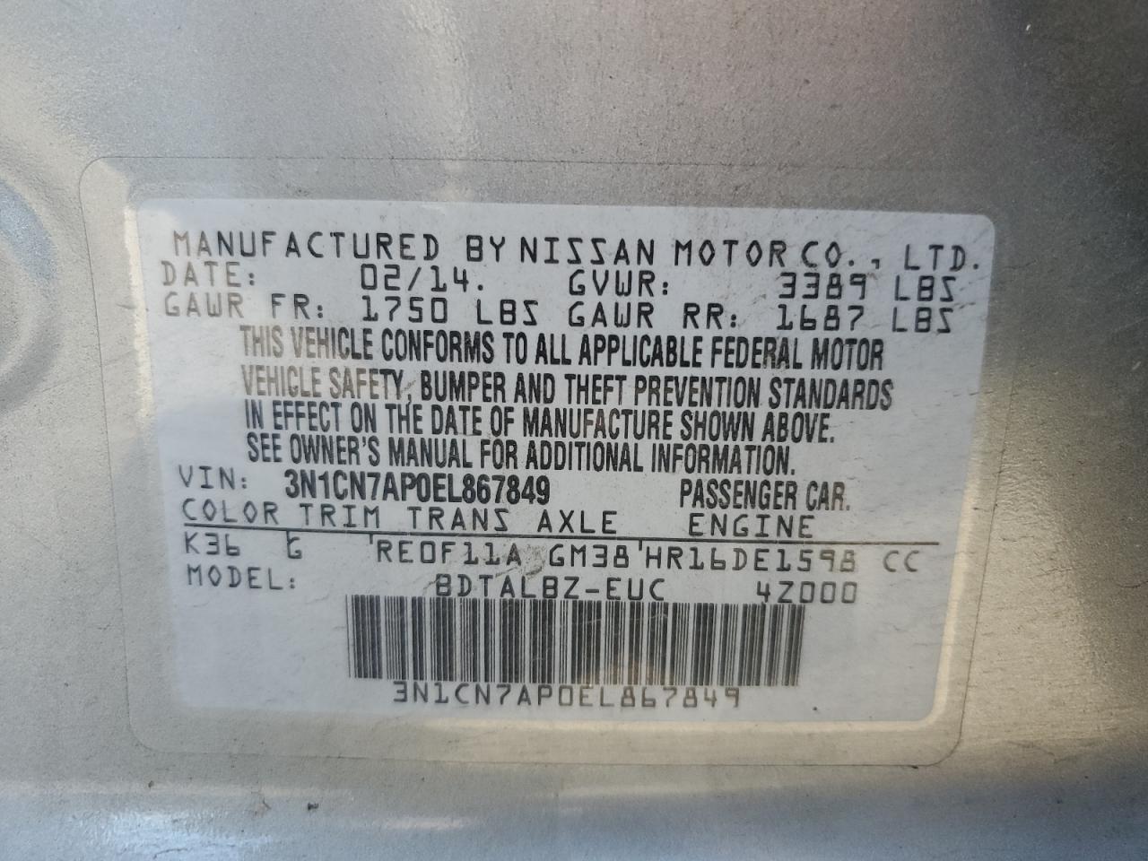 2014 Nissan Versa S VIN: 3N1CN7AP0EL867849 Lot: 67118585