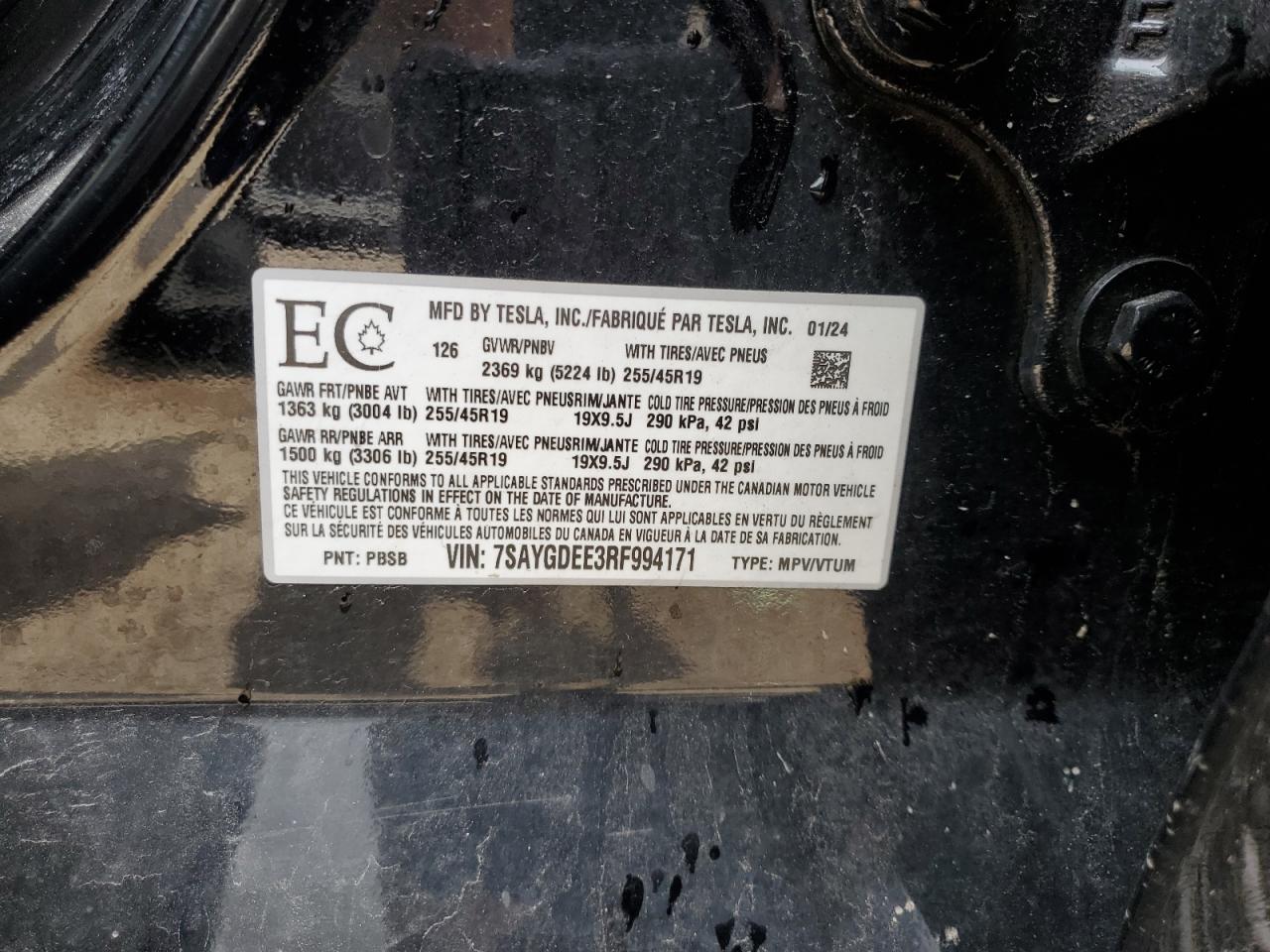 2024 Tesla Model Y VIN: 7SAYGDEE3RF994171 Lot: 67620355