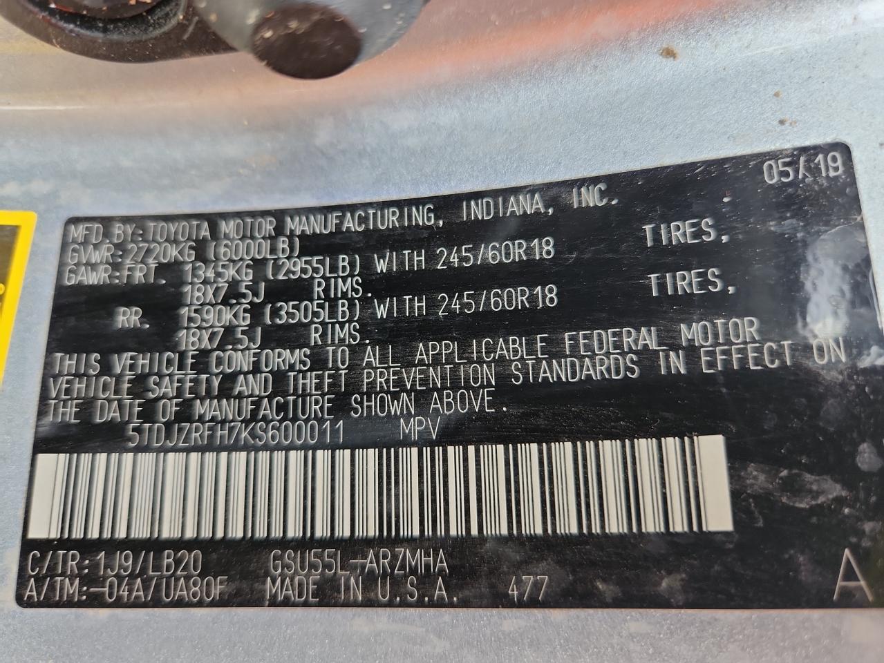 2019 Toyota Highlander Se VIN: 5TDJZRFH7KS600011 Lot: 69481005