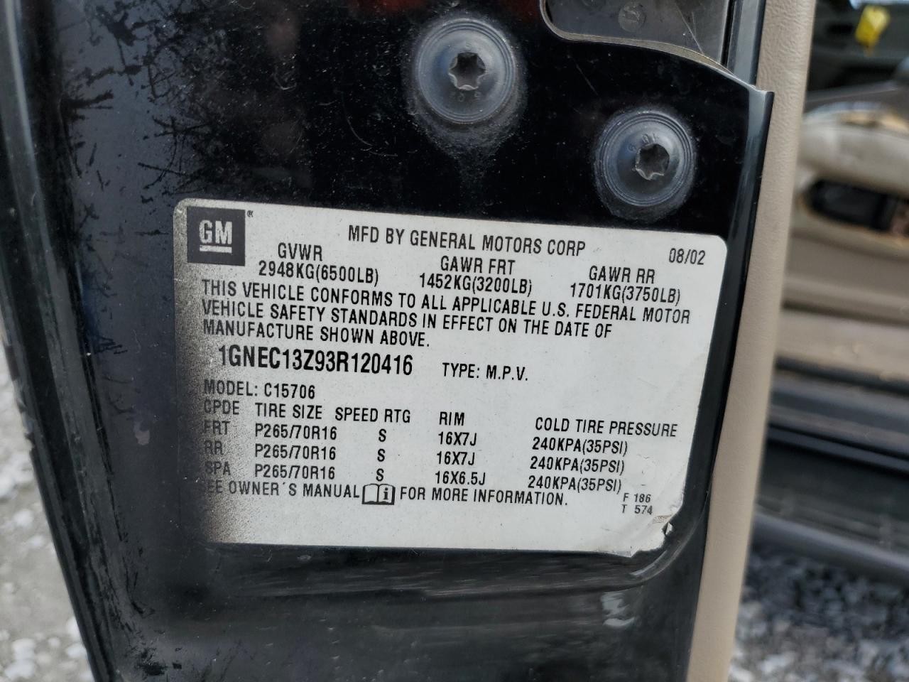 2003 Chevrolet Tahoe C1500 VIN: 1GNEC13Z93R120416 Lot: 70852235