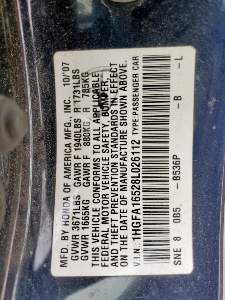 2008 Honda Civic Lx VIN: 1HGFA16528L026112 Lot: 72078425