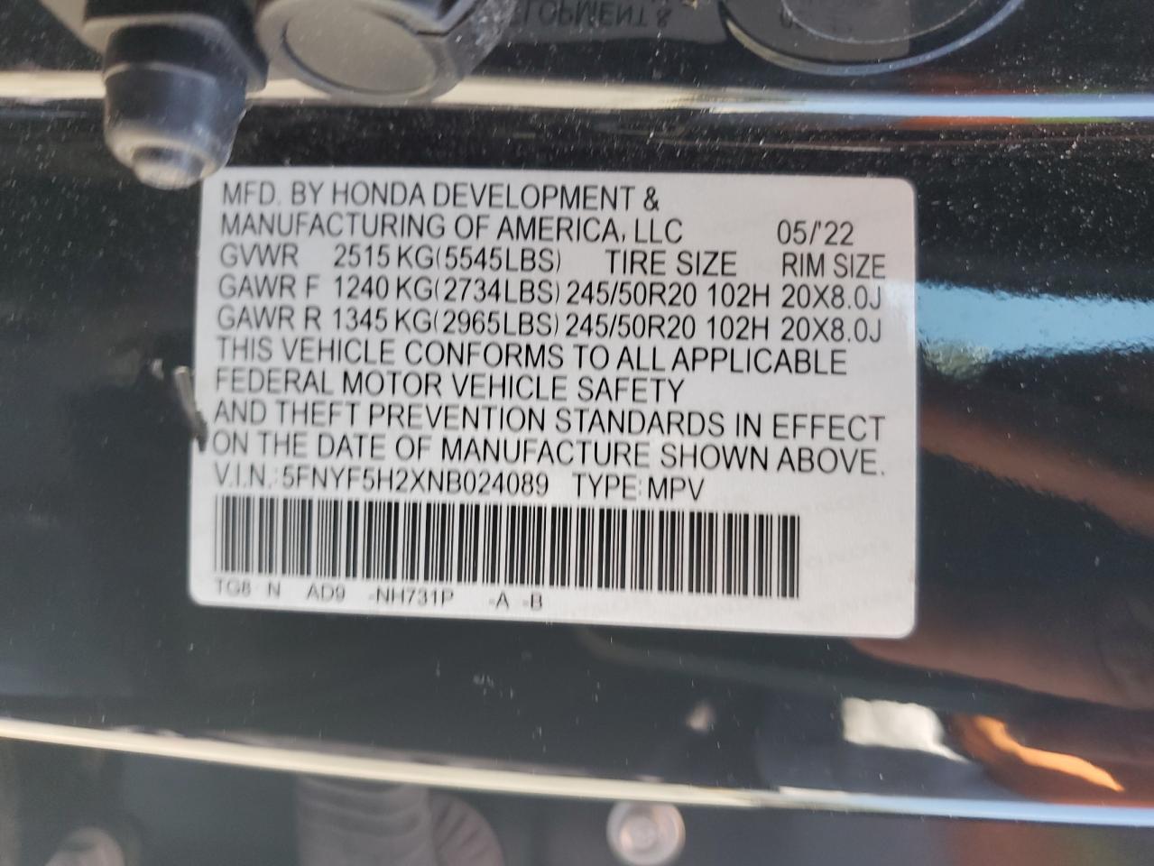 2022 Honda Pilot Se VIN: 5FNYF5H2XNB024089 Lot: 69315915