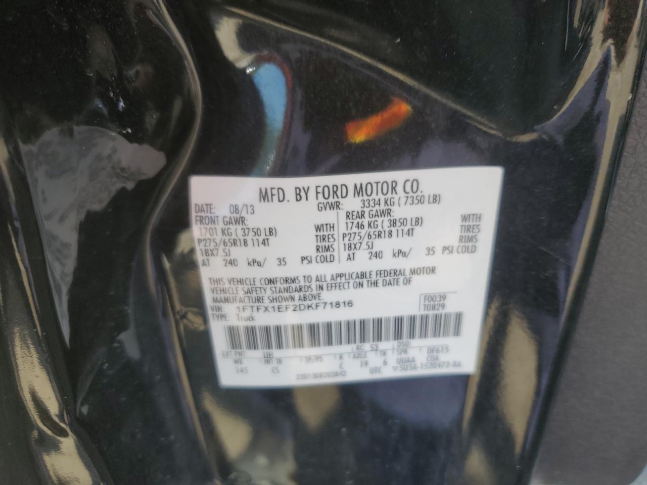 2013 Ford F150 Super Cab VIN: 1FTFX1EF2DKF71816 Lot: 69346395