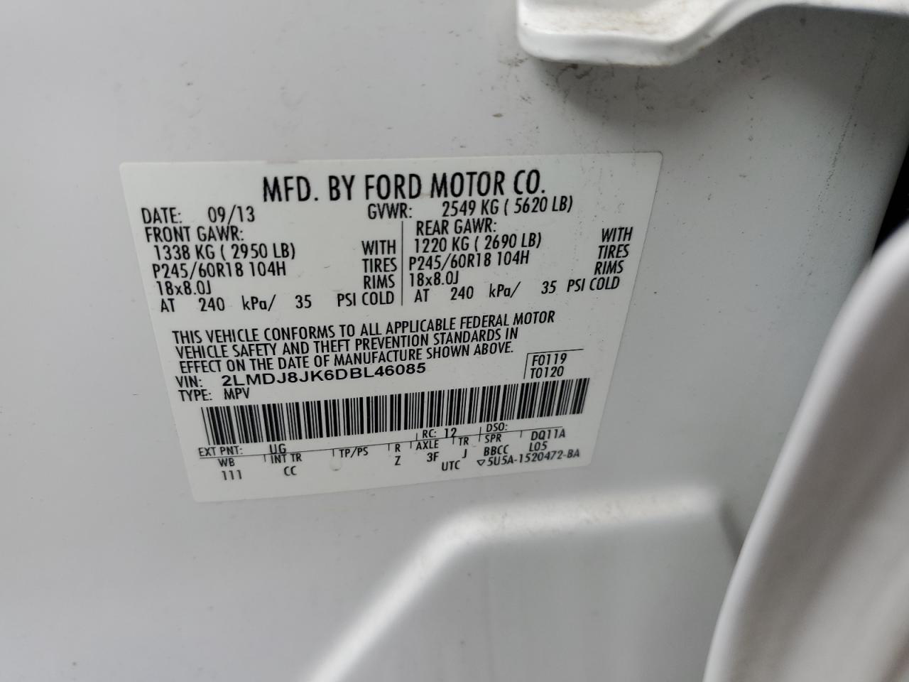 2013 Lincoln Mkx VIN: 2LMDJ8JK6DBL46085 Lot: 70703635