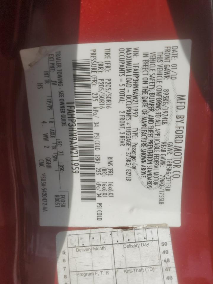 2010 Ford Focus Sel VIN: 1FAHP3HN9AW211959 Lot: 70555685