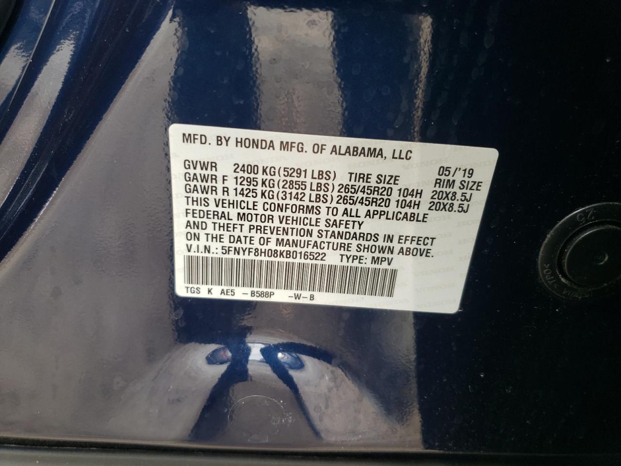 2019 Honda Passport Elite VIN: 5FNYF8H08KB016522 Lot: 70820995