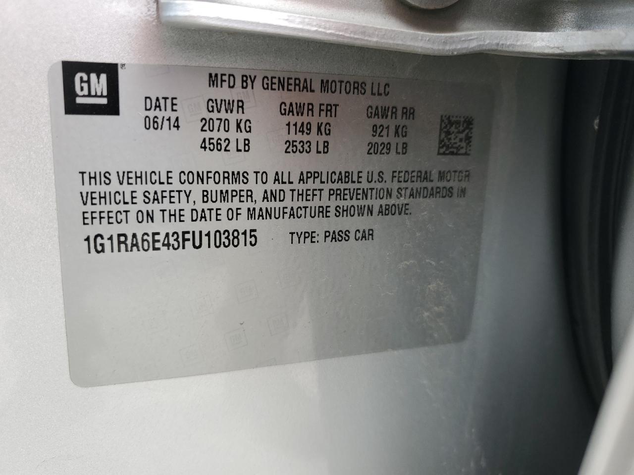 2015 Chevrolet Volt VIN: 1G1RA6E43FU103815 Lot: 70719265