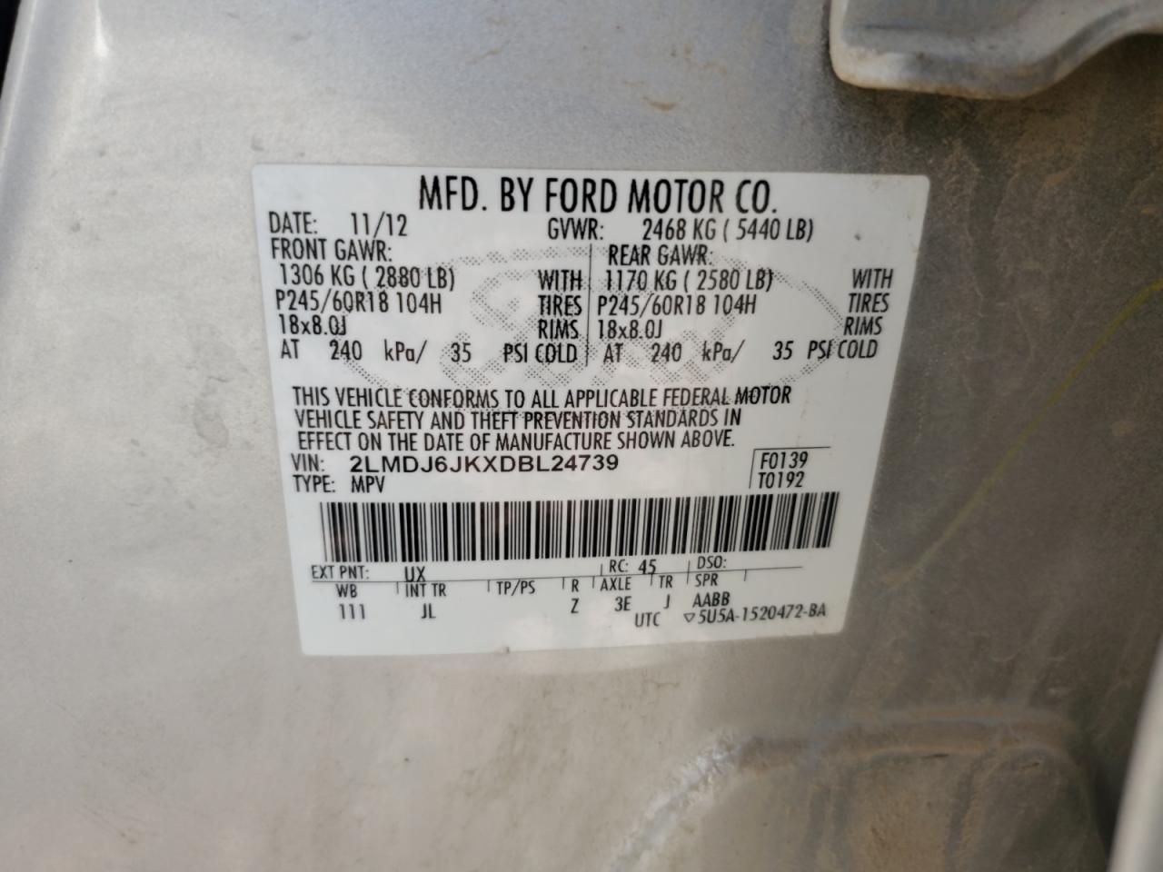 2013 Lincoln Mkx VIN: 2LMDJ6JKXDBL24739 Lot: 69085175