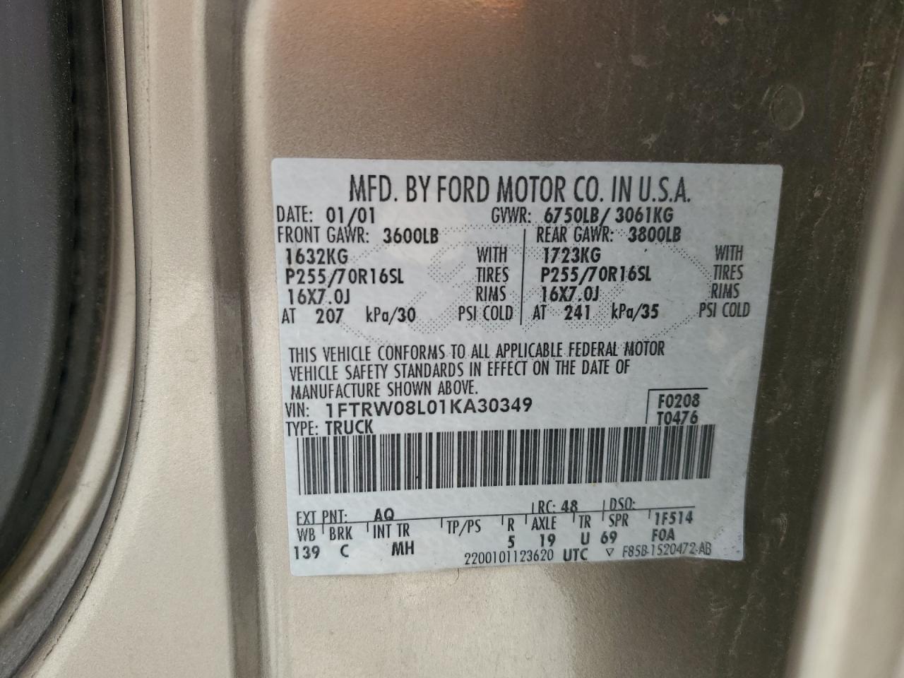 2001 Ford F150 Supercrew VIN: 1FTRW08L01KA30349 Lot: 70472245