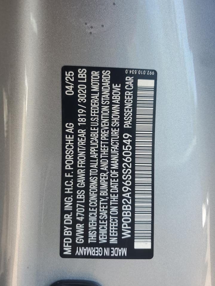 2025 Porsche 911 Targa 4 Gts VIN: WP0BB2A96SS260549 Lot: 70382985