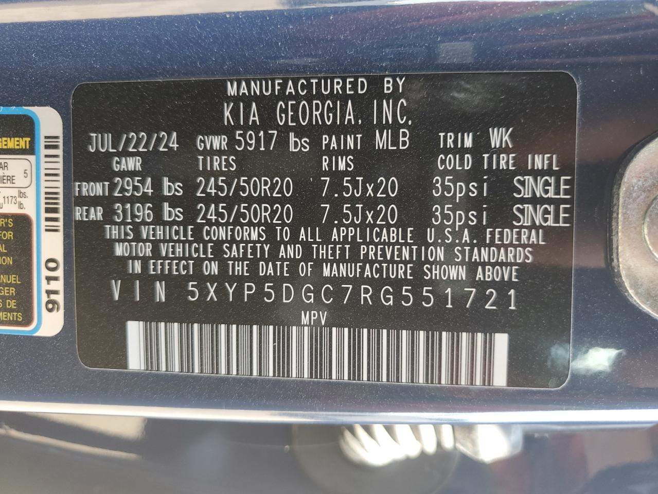 2024 Kia Telluride Sx VIN: 5XYP5DGC7RG551721 Lot: 69107825