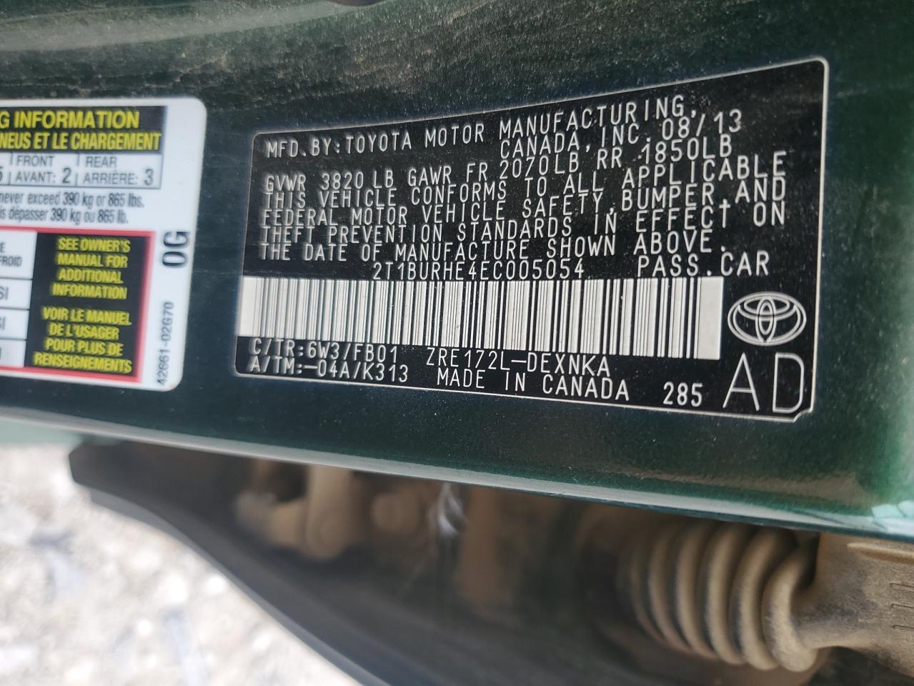 2014 Toyota Corolla L VIN: 2T1BURHE4EC005054 Lot: 69206035