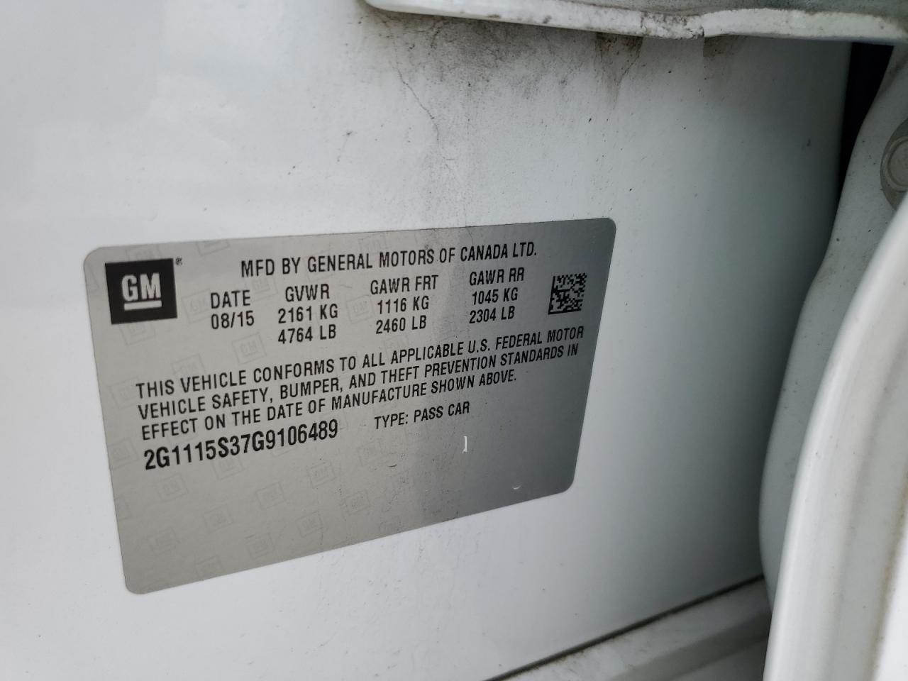2016 Chevrolet Impala Lt VIN: 2G1115S37G9106489 Lot: 70557095