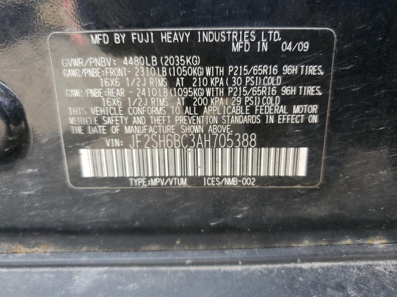 2010 Subaru Forester Xs VIN: JF2SH6BC3AH705388 Lot: 68974995