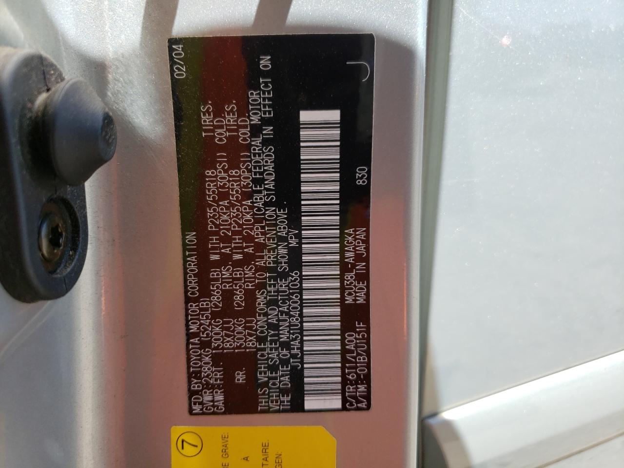 2004 Lexus Rx 330 VIN: JTJHA31U840061036 Lot: 67873105