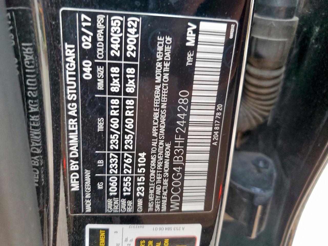 2017 Mercedes-Benz Glc 300 VIN: WDC0G4JB3HF244280 Lot: 67640335