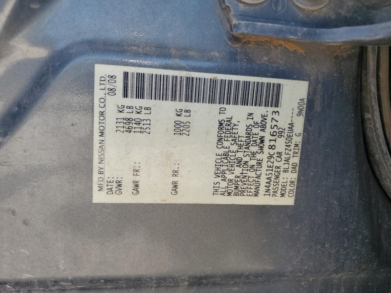 2009 Nissan Maxima S VIN: 1N4AA51E29C816573 Lot: 68933585