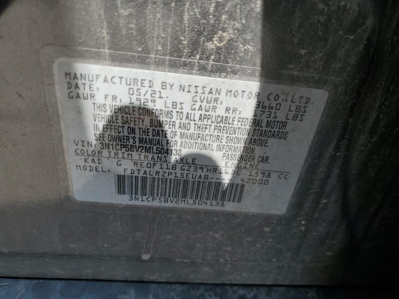 2021 Nissan Kicks S VIN: 3N1CP5BV2ML504138 Lot: 69003605