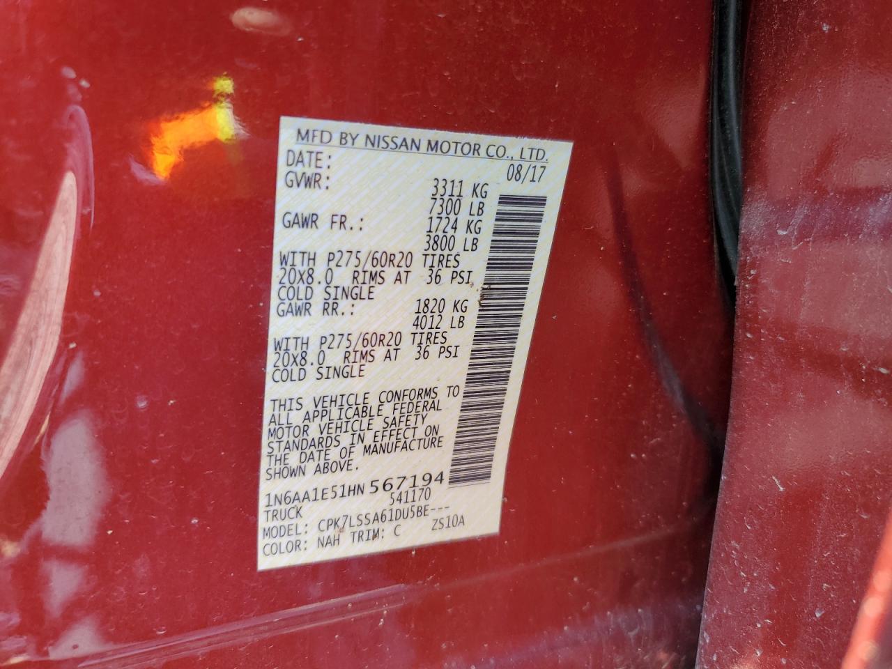 2017 Nissan Titan Sv VIN: 1N6AA1E51HN567194 Lot: 69269215