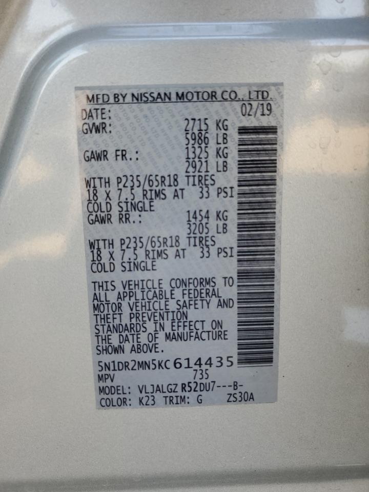 2019 Nissan Pathfinder S VIN: 5N1DR2MN5KC614435 Lot: 67969525