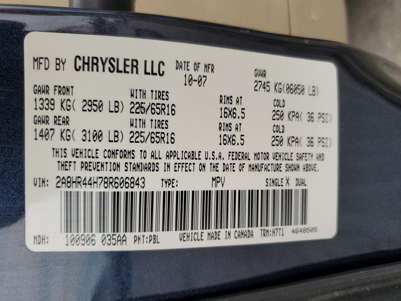 2008 Chrysler Town & Country Lx VIN: 2A8HR44H78R606843 Lot: 70682415