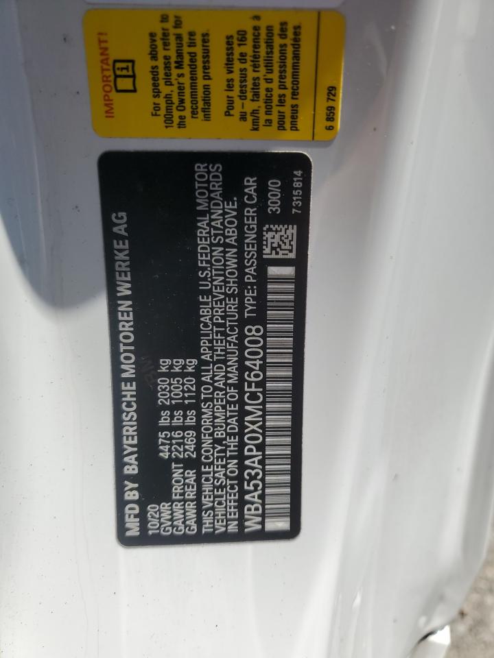 2021 BMW 430I VIN: WBA53AP0XMCF64008 Lot: 70136825